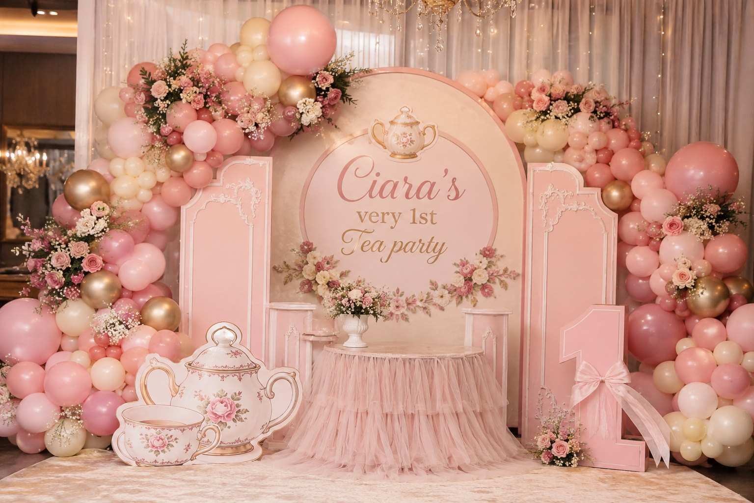 Pink floral tea party backdrop for Ciara